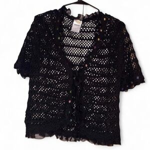 Talbots Black Cotton Hand Crochet ShortSleeve Silk TieFront Sequin Cardigan Sz L